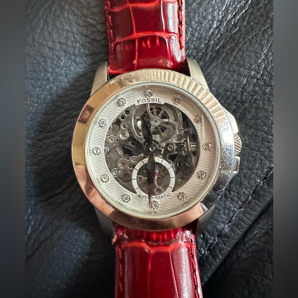 Fossil Automatic Stainless Steel Watch with Red Leather Band USED